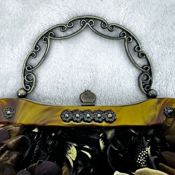 Vintage Velvet Fabric Dark Floral Evening Handbag Corsage Applique Chain Strap - Picture 4 of 9